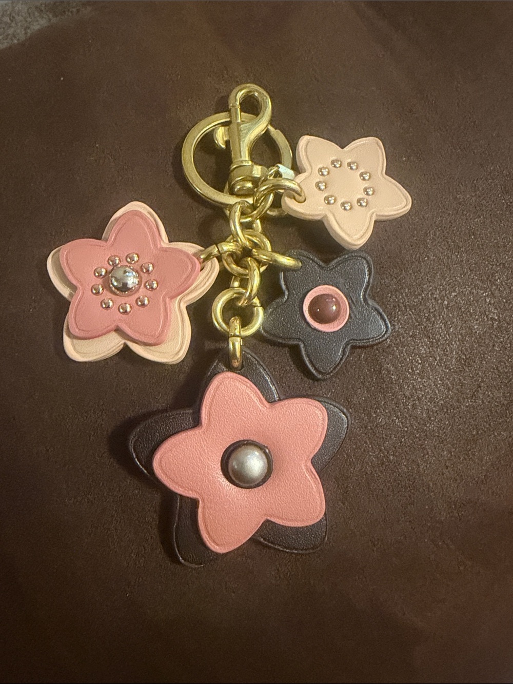 Floral Leather Keychain Charm - Pink & Black